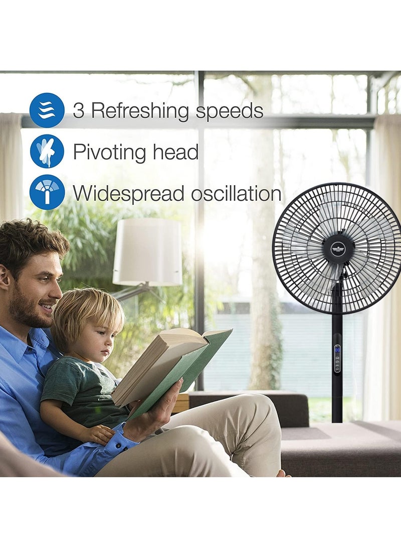 Pedestal Fan with Remote Control 5-Blade Oscillating Standing Fan - Adjustable Height Ultra Quiet 8 Speed 3 Winds Mode 9 Hour Timer LED Display 90° Pivoting Head Air Circulator Fan (Black)