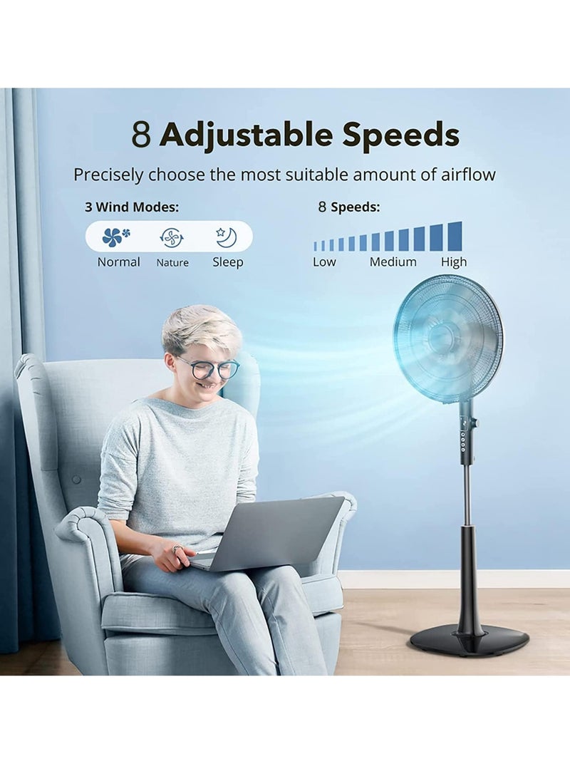 Pedestal Fan with Remote Control 5-Blade Oscillating Standing Fan - Adjustable Height Ultra Quiet 8 Speed 3 Winds Mode 9 Hour Timer LED Display 90° Pivoting Head Air Circulator Fan (Black)