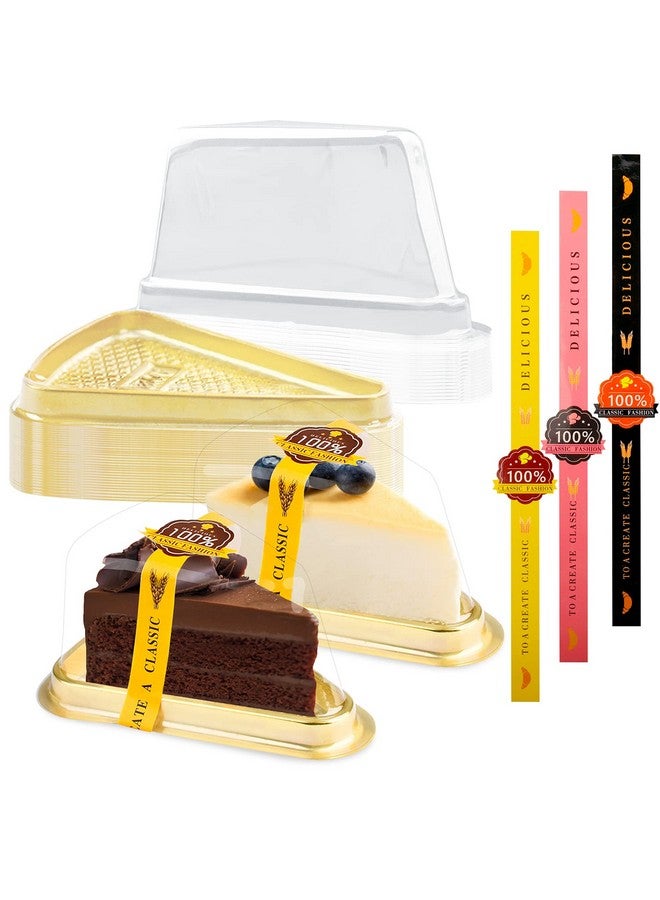 Lainrrew 50 Pack Cake Slice Containers, Clear Plastic Cake Containers Disposable Cheesecake Containers Individual Cake Pie Slice Boxes with Lids for Small Pies Snack Dessert - Bonus 50 Pcs Stickers (Gold) - Image 1