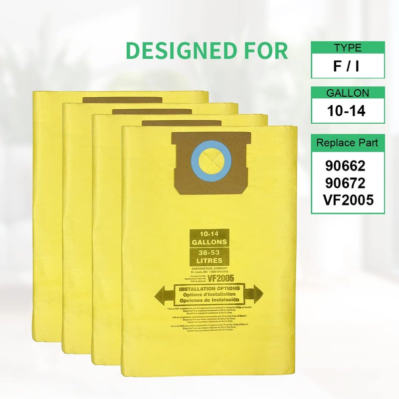 Jusiwow 4 Pack Fit for Shop Vac Bags 10-14 Gallon- Type F 90662, Type I 90672, VF2005 -High Efficiency Disposable Fine Dust Collection Vacuum Filter Bags, Double Layer Reinforced - Image 3