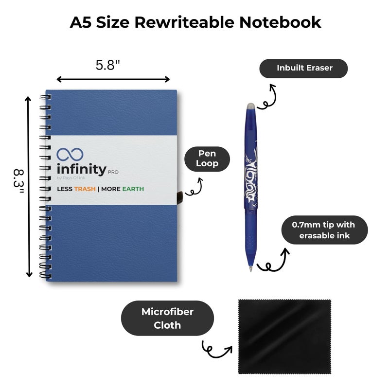 Rays Of Ink Infinity Pro – Rewritable, Reusable & Erasable Notebook | 80 Waterproof Pages | Eco-Friendly Wirebound Notebook with Fine Tip Pen & Microfiber Cloth | A5 Size (8.3" X 5.8") - Image 3