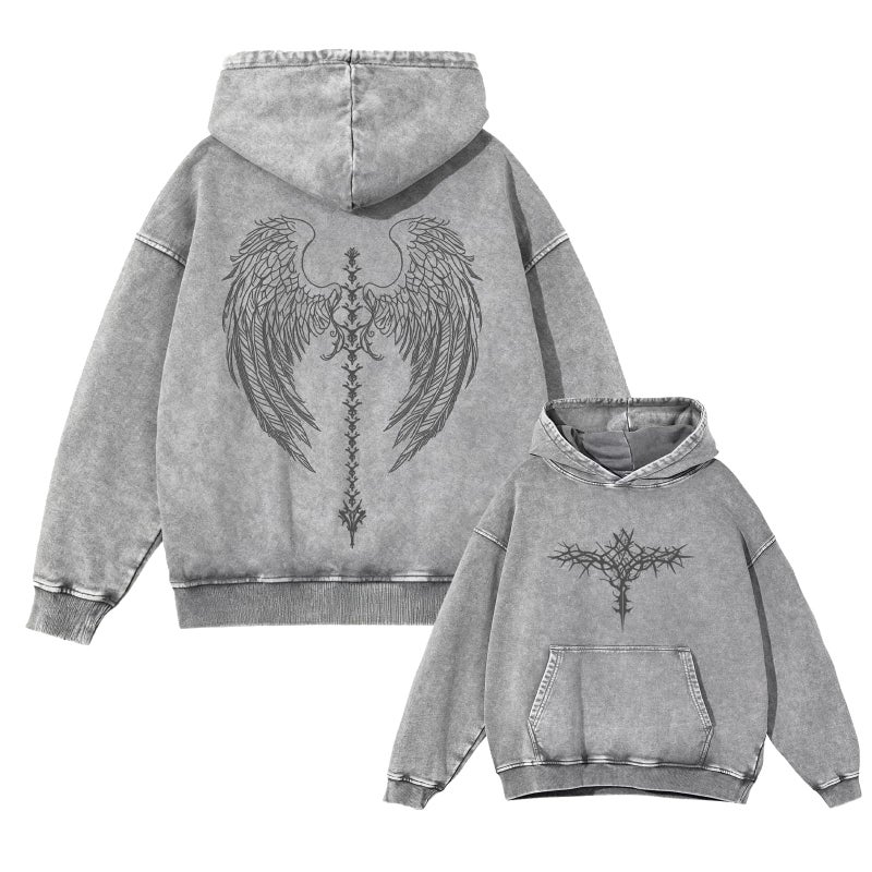 Dynict Unisex Y2K Aicd Wash Gothic Graphic Hoodies Oversize Grunge Skull Wing Print Sweatshirt Casual Fit Pullover (Grey,Medium) - Image 1