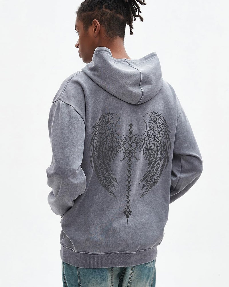 Dynict Unisex Y2K Aicd Wash Gothic Graphic Hoodies Oversize Grunge Skull Wing Print Sweatshirt Casual Fit Pullover (Grey,Medium) - Image 2