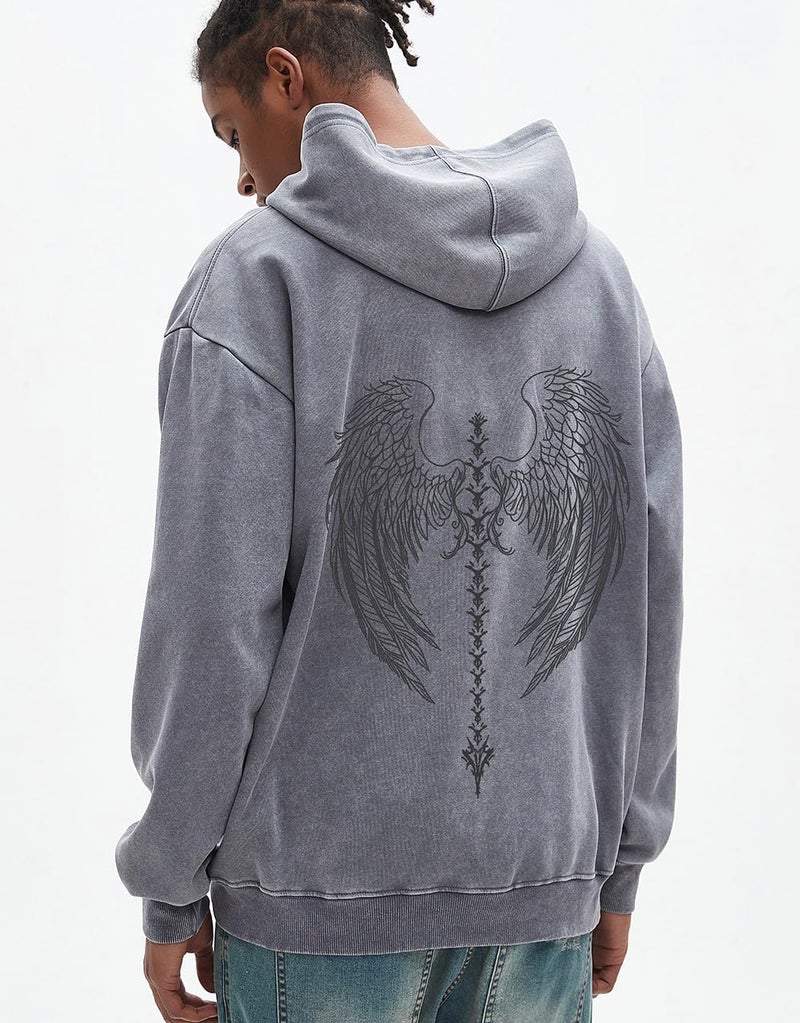 Dynict Unisex Y2K Aicd Wash Gothic Graphic Hoodies Oversize Grunge Skull Wing Print Sweatshirt Casual Fit Pullover (Grey,Medium) - Image 4