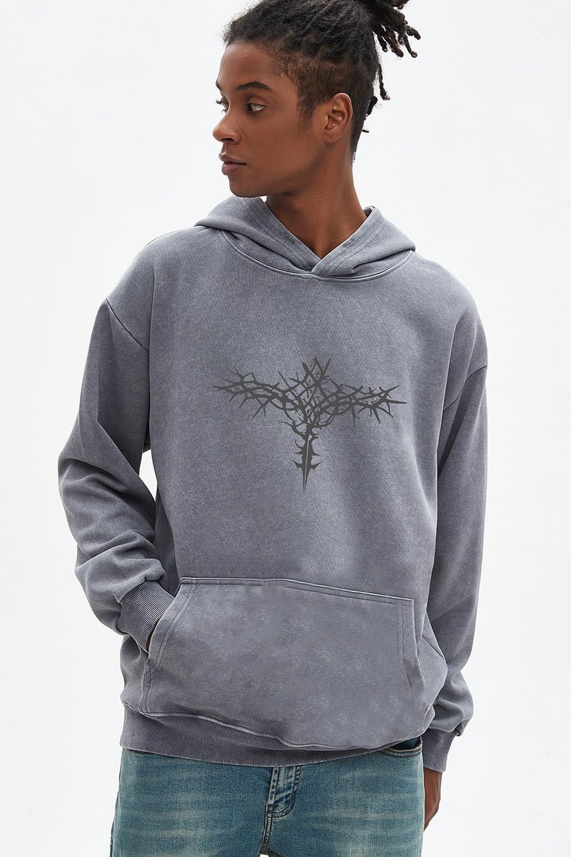 Dynict Unisex Y2K Aicd Wash Gothic Graphic Hoodies Oversize Grunge Skull Wing Print Sweatshirt Casual Fit Pullover (Grey,Medium) - Image 3