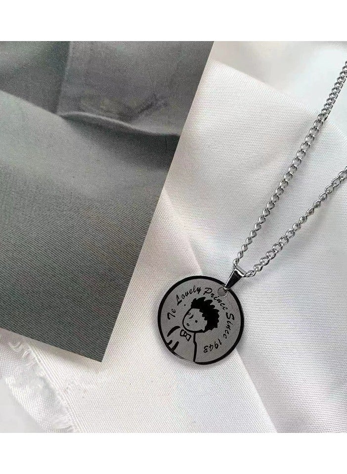Goolsky The Little Prince Round Pendant Necklace – Unisex Titanium Steel Street Style Chain, Minimalist Hip-Hop Literary Jewelry  - Image 1