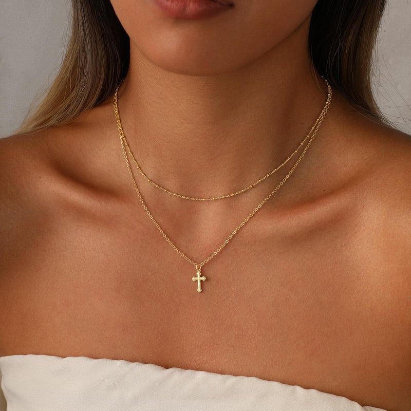 Rotnso Cross Necklace for Women 14K Gold Plated Dainty Small Cross Pendant Layered Choker Simple Trendy Cute Cross Charm Bead Chain Necklace Easter Basket Stuffers Baptism Religious Faith Jewelry Gift - Image 3