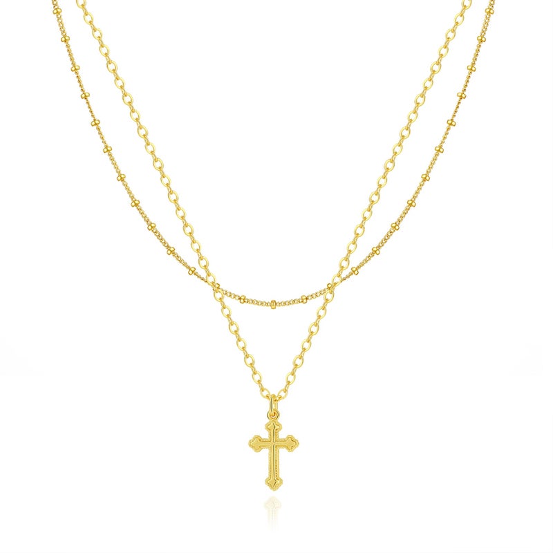 Rotnso Cross Necklace for Women 14K Gold Plated Dainty Small Cross Pendant Layered Choker Simple Trendy Cute Cross Charm Bead Chain Necklace Easter Basket Stuffers Baptism Religious Faith Jewelry Gift - Image 1