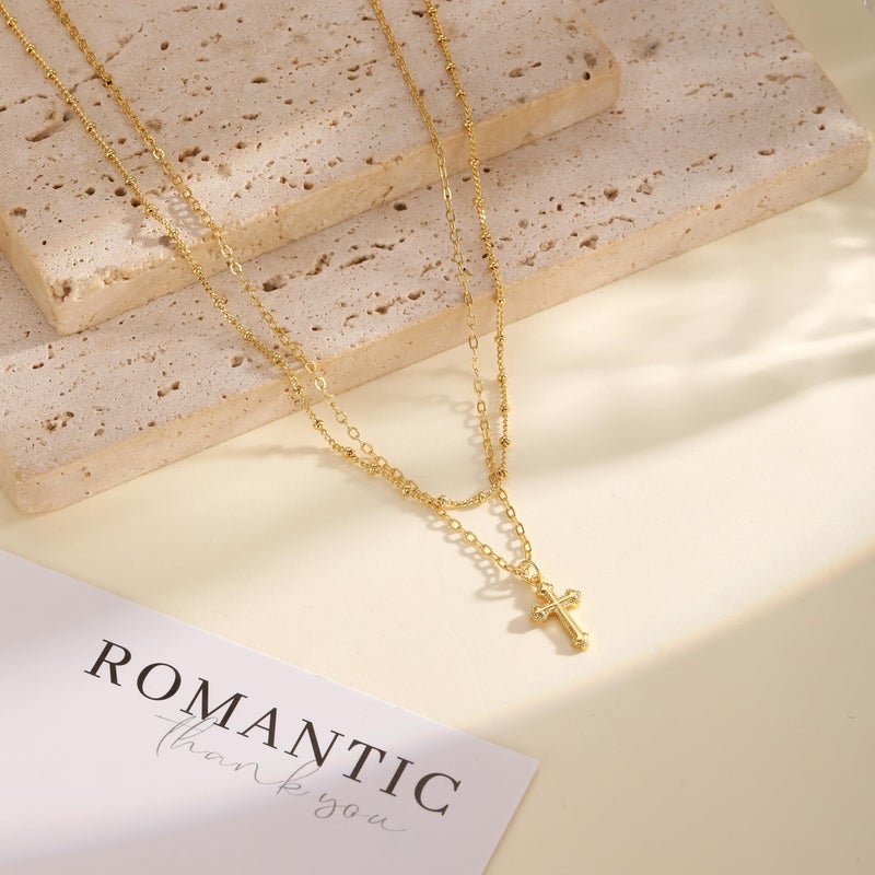 Rotnso Cross Necklace for Women 14K Gold Plated Dainty Small Cross Pendant Layered Choker Simple Trendy Cute Cross Charm Bead Chain Necklace Easter Basket Stuffers Baptism Religious Faith Jewelry Gift - Image 5