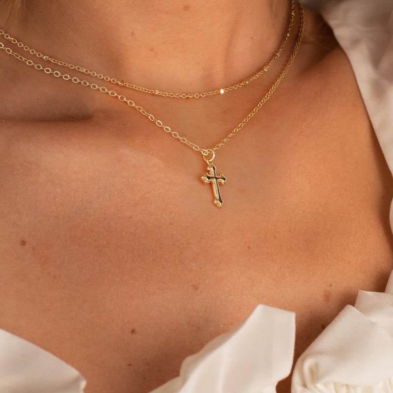 Rotnso Cross Necklace for Women 14K Gold Plated Dainty Small Cross Pendant Layered Choker Simple Trendy Cute Cross Charm Bead Chain Necklace Easter Basket Stuffers Baptism Religious Faith Jewelry Gift - Image 2