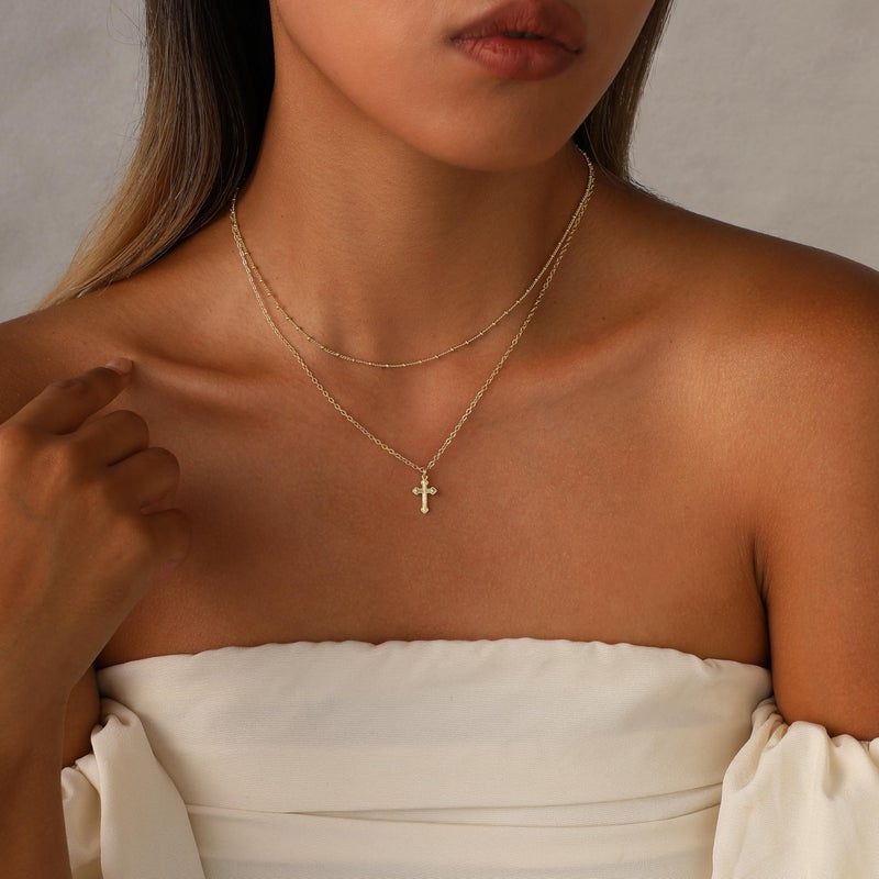 Rotnso Cross Necklace for Women 14K Gold Plated Dainty Small Cross Pendant Layered Choker Simple Trendy Cute Cross Charm Bead Chain Necklace Easter Basket Stuffers Baptism Religious Faith Jewelry Gift - Image 4