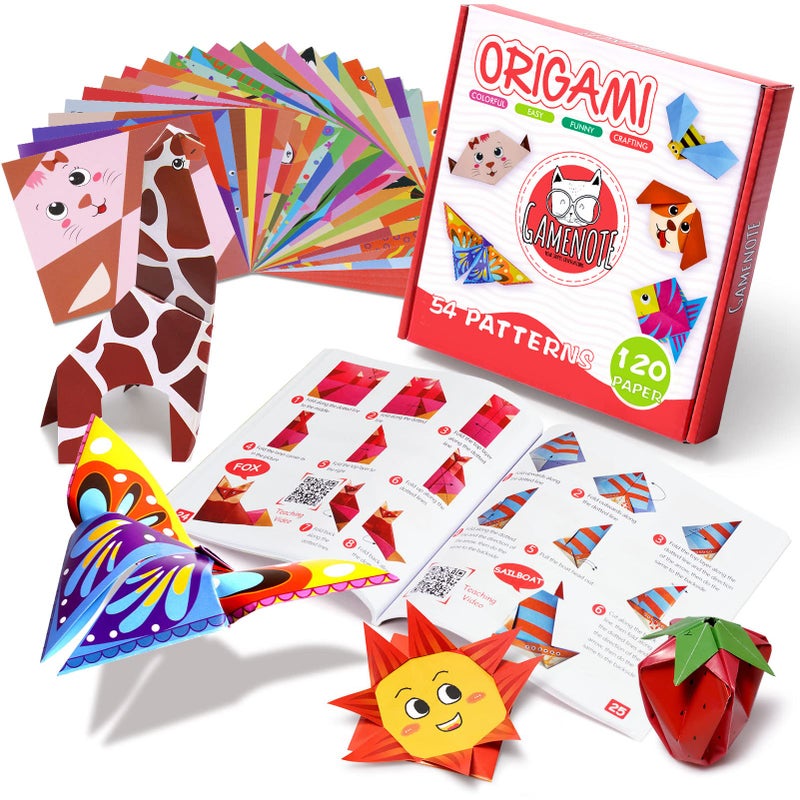 Gamenote Colorful Origami Kit for Kids 54 Projects 120 Double Sided Origami Paper 12 Sheets Practice Papers Instructional Origami Book Origami Gift for 4 Girls Boys Adult Beginners Training Craft