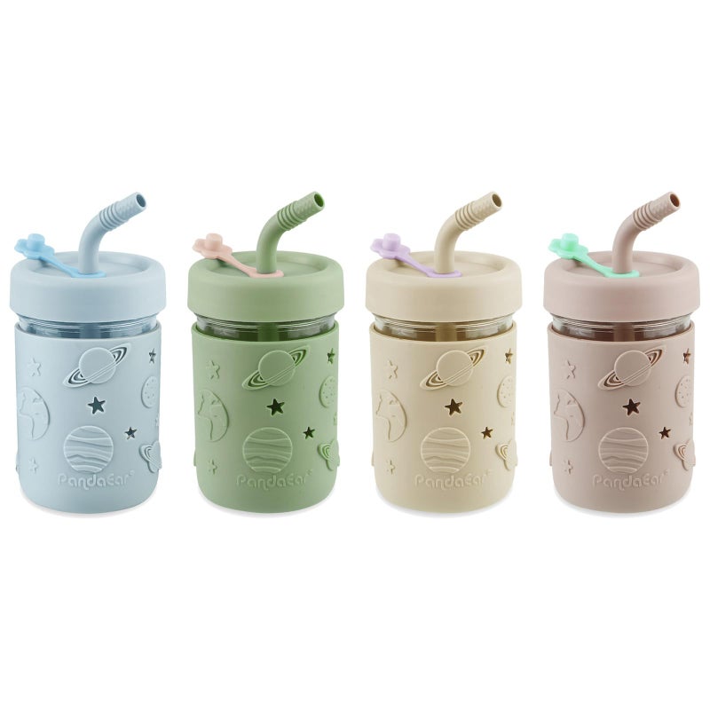PandaEar 4 Pack Kids & Toddler Glass Cups, Glass Mason Jar Cups 8.45 oz with Silicone Sleeves & Straws, Toddler Spill-Proof Smoothie Cups for Children Ages 3+ - Image 1