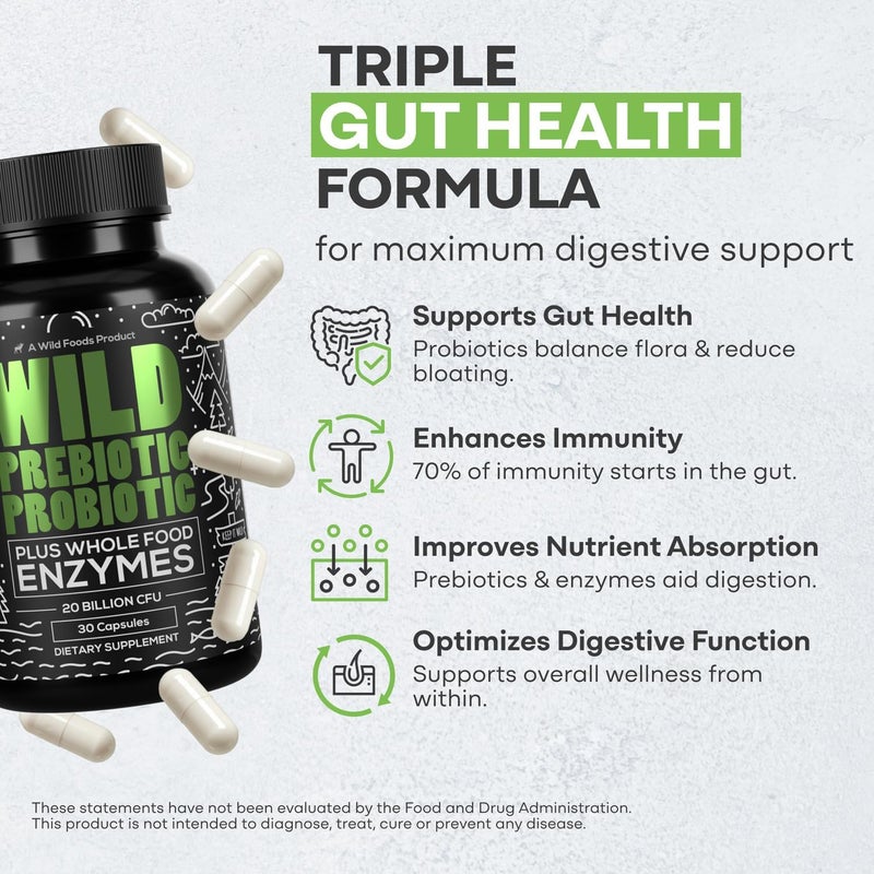 Wild Foods Wild Prebiotics and Probiotics with Digestive Enzymes  20 Billion CFU  10 Strains for Women  Men  Support Gut Health  Digestion Supplements  NonGMO Prebiotic Fiber  30 Capsules - Image 3