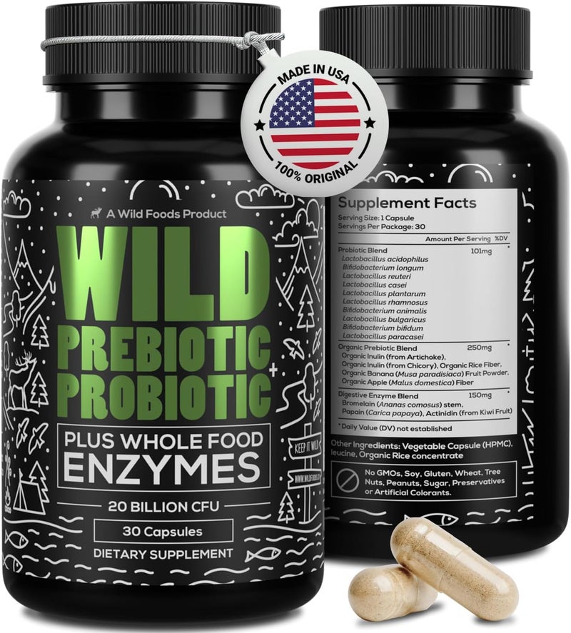 Wild Foods Wild Prebiotics and Probiotics with Digestive Enzymes  20 Billion CFU  10 Strains for Women  Men  Support Gut Health  Digestion Supplements  NonGMO Prebiotic Fiber  30 Capsules - Image 1