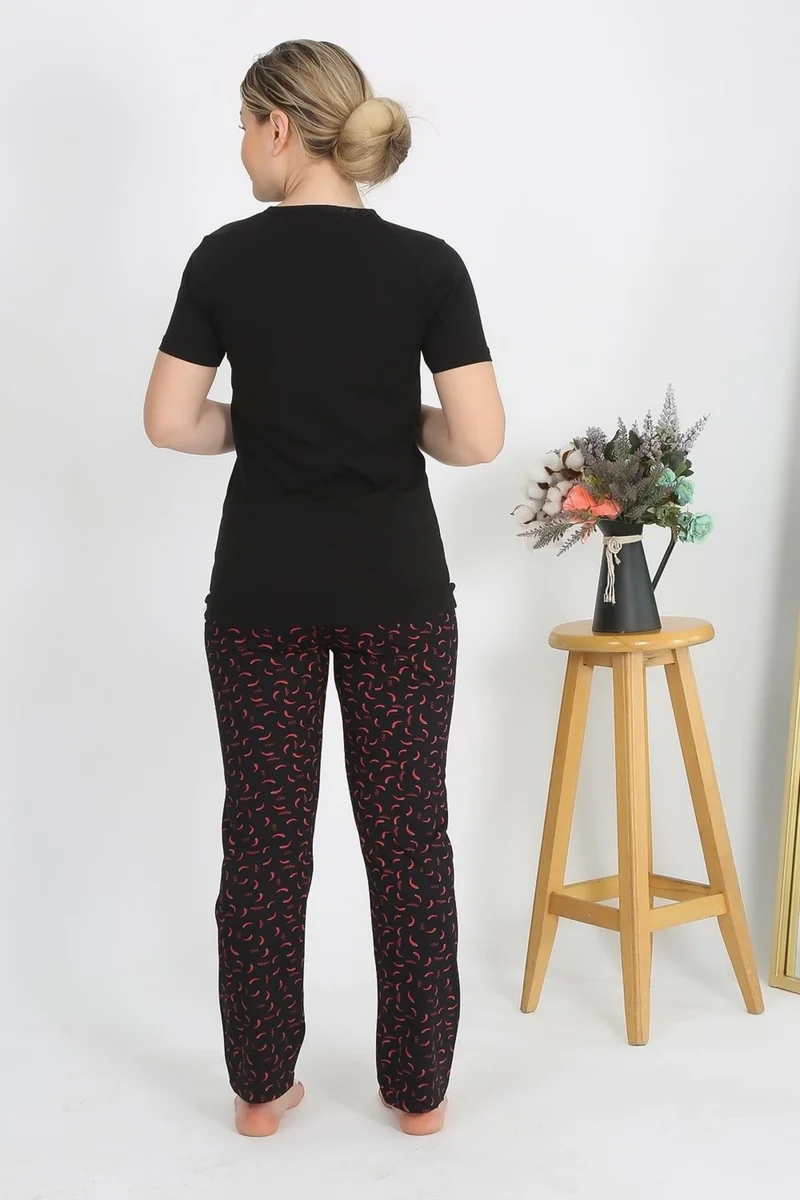 Akbeniz Women's Short Sleeve Cotton Combed Pajama Set Black 4214