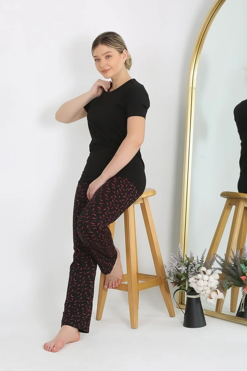 Akbeniz Women's Short Sleeve Cotton Combed Pajama Set Black 4214