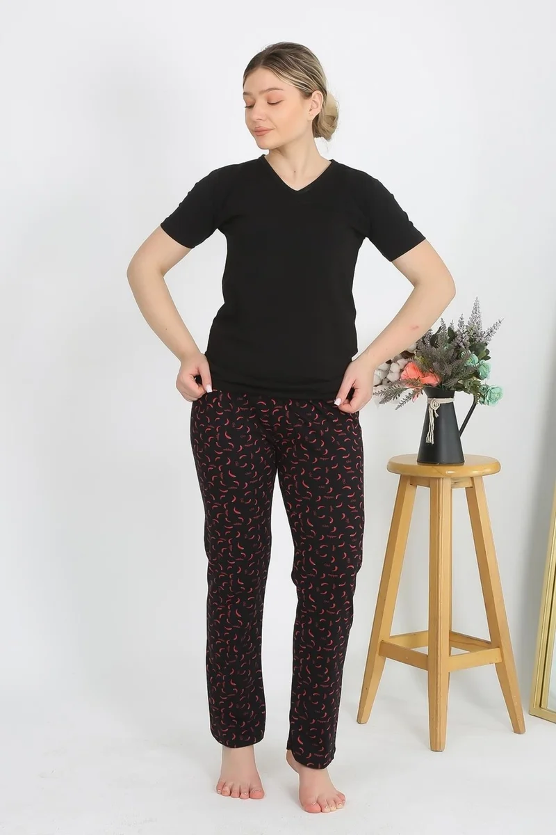 Akbeniz Women's Short Sleeve Cotton Combed Pajama Set Black 4214