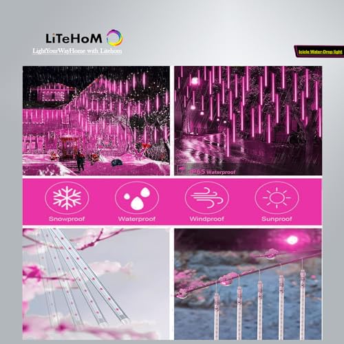 Litehom Rain Drop LED Meteor Shower 192 LEDs 8 Tubes (11.8") | Icicle Falling Effect for Diwali, Christmas, New Year, Home & Outdoor Decoration, Balcony, Tree, Party Decor (Pink) - Image 4