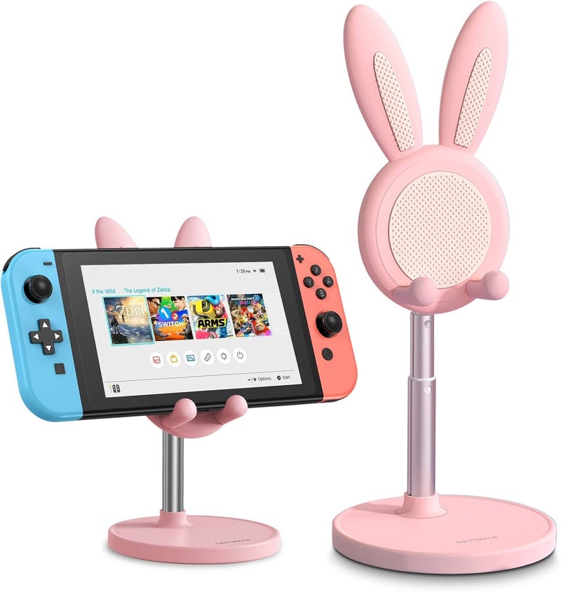 Oatsbasf Cute Bunny Phone Stand, Quick Installation Angle Height Adjustable Rabbit Phone Stand for Desk, Case Friendly Compatible with All Mobile Phone/iPad/Kindle/Tablet (Pink) - Image 1