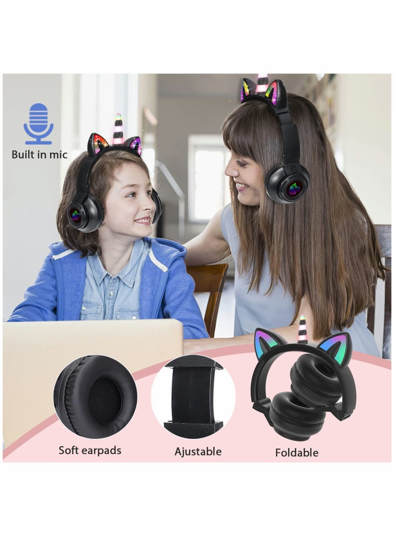 Zikra Unicorn Headphones, Bluetooth Foldable Headphones Stereo with Microphone and Volume Control Light Up for PC/Cell Phones/TV/iPad, Boys Girls Kids (Black) - Image 5