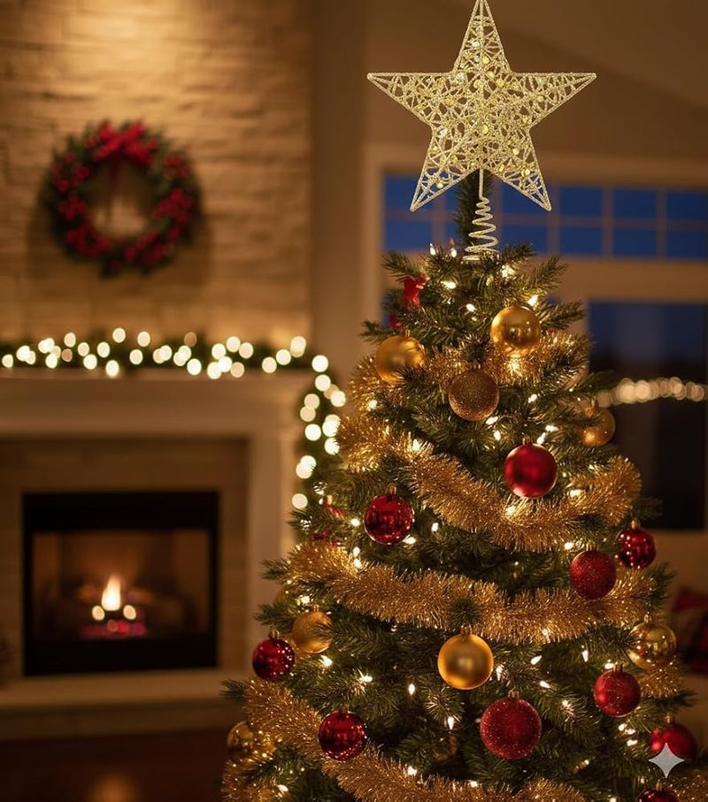 BrainGiggles Christmas Tree Topper - 15cm Gold Christmas Tree Glittered Star Topper Christmas Tree Topper Ornaments for Holiday Christmas Home Decorations - Image 2