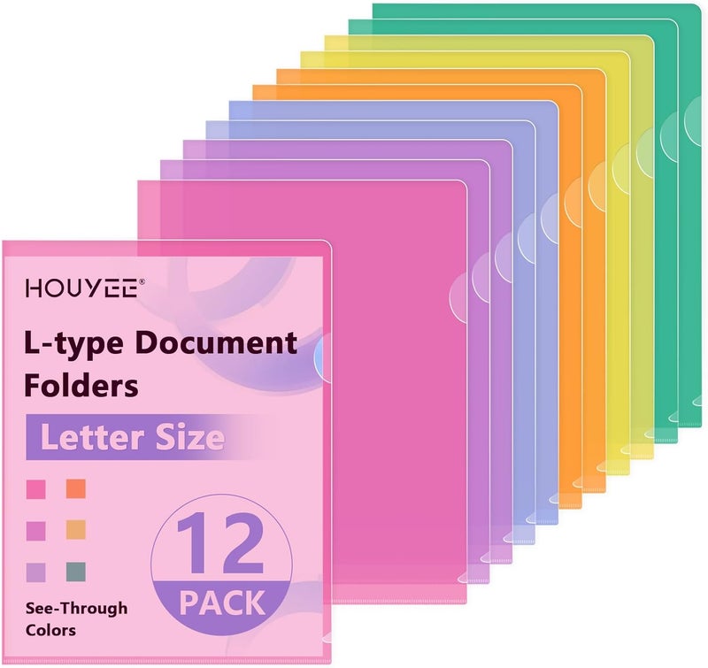HOUYEE 12 Pack Clear Document Folders, L-Type Plastic File Folder Sleeves, Project Folders Paper Sheet Protectors for 8.5" x 11" Letter Size, for Home, Office, and School Use (6 Assorted Colors) - Image 1