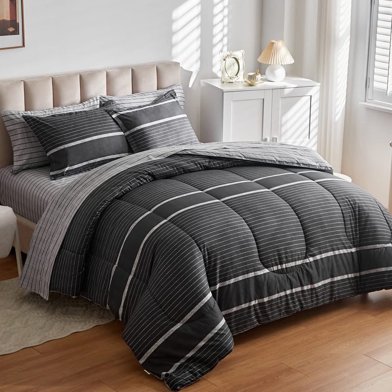 Flysheep Flysheep Ombre Boho Striped Bed in a Bag 7 Pieces King Size White Striped on Black Dark Gray Comforter Sheet Set 1 Comforter 1 Flat Sheet 1 Fitted Sheet 2 Pillow Shams 2 Pillowcases 