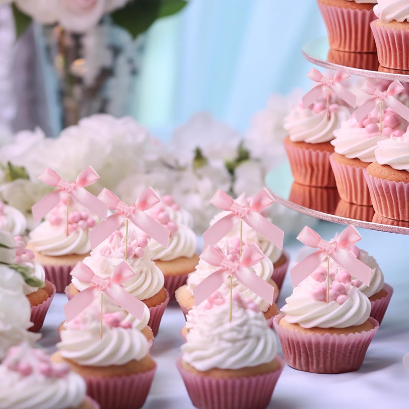 Moonlik 24pcs Bow Cupcake Toppers - Girls Pink Bow Cake Picks Party Decorations Coquette Themed Bowknot Ribbon Cake Topper for 1st birthday Bridal Wedding Party Christmas - Image 5