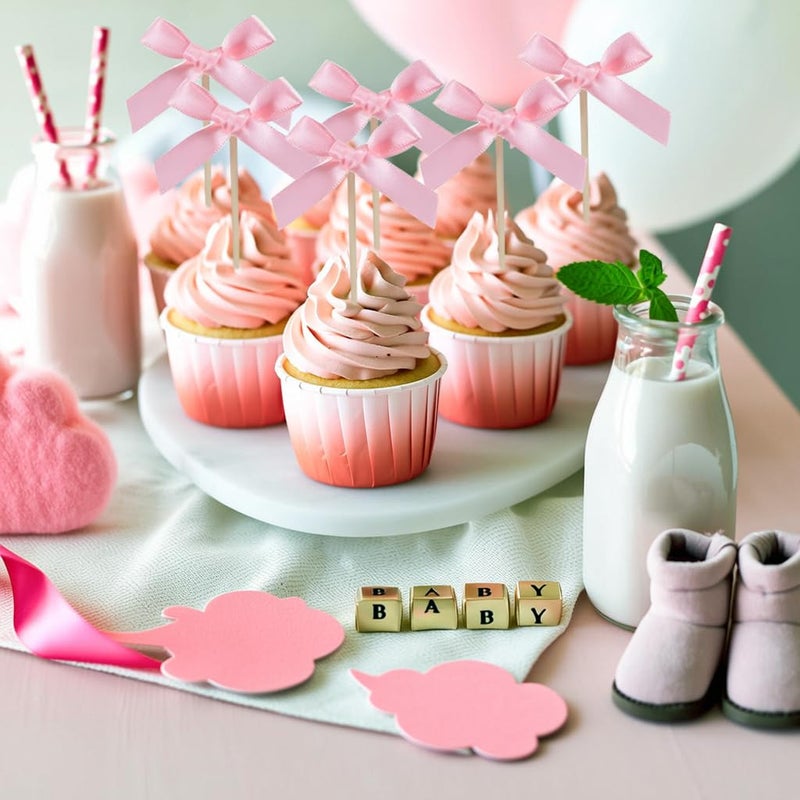 Moonlik 24pcs Bow Cupcake Toppers - Girls Pink Bow Cake Picks Party Decorations Coquette Themed Bowknot Ribbon Cake Topper for 1st birthday Bridal Wedding Party Christmas - Image 2