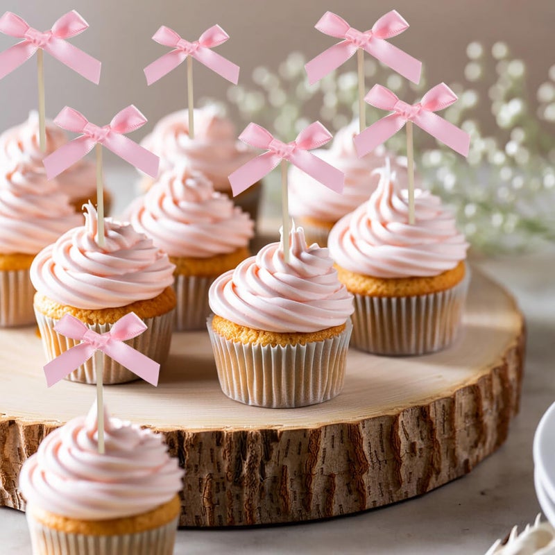 Moonlik 24pcs Bow Cupcake Toppers - Girls Pink Bow Cake Picks Party Decorations Coquette Themed Bowknot Ribbon Cake Topper for 1st birthday Bridal Wedding Party Christmas - Image 4