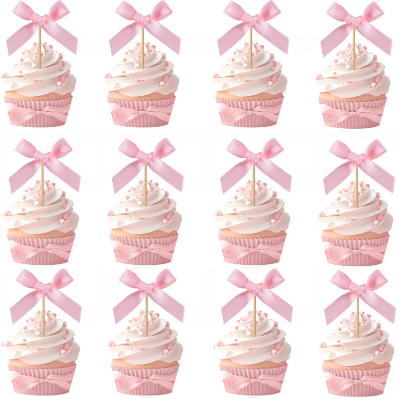 Moonlik 24pcs Bow Cupcake Toppers - Girls Pink Bow Cake Picks Party Decorations Coquette Themed Bowknot Ribbon Cake Topper for 1st birthday Bridal Wedding Party Christmas - Image 1