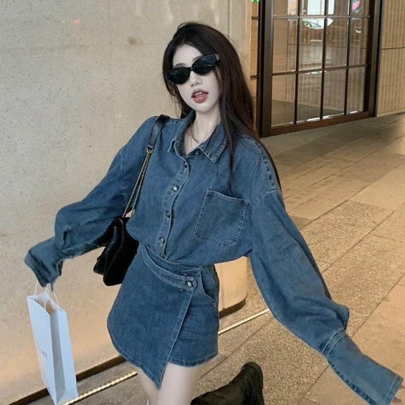 suit womens 2025 new Hong Kong style retro long sleeve Denim coat irregular high waist slim skirt fashion [single piece] denim shirt