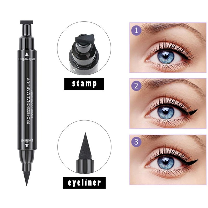 Linble Dual Ended Black Liquid Eyeliner - 2 in 1 Winged Cat Eye Stamp & Felt-tip Eyeliner Pen, Waterproof, Long Lasting and Smudge Proof Eye Makeup Tool for Women - Image 2