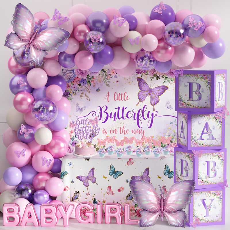 TREWAVE ï»¿TREWAVE Butterfly Baby Shower Decorations for Girls A Little Butterfly Is On The Way Party Backdrop Cake Toppers Stickers Pink Purple Balloons Boxes for Girl Birthday Baby Shower Decor - Image 1