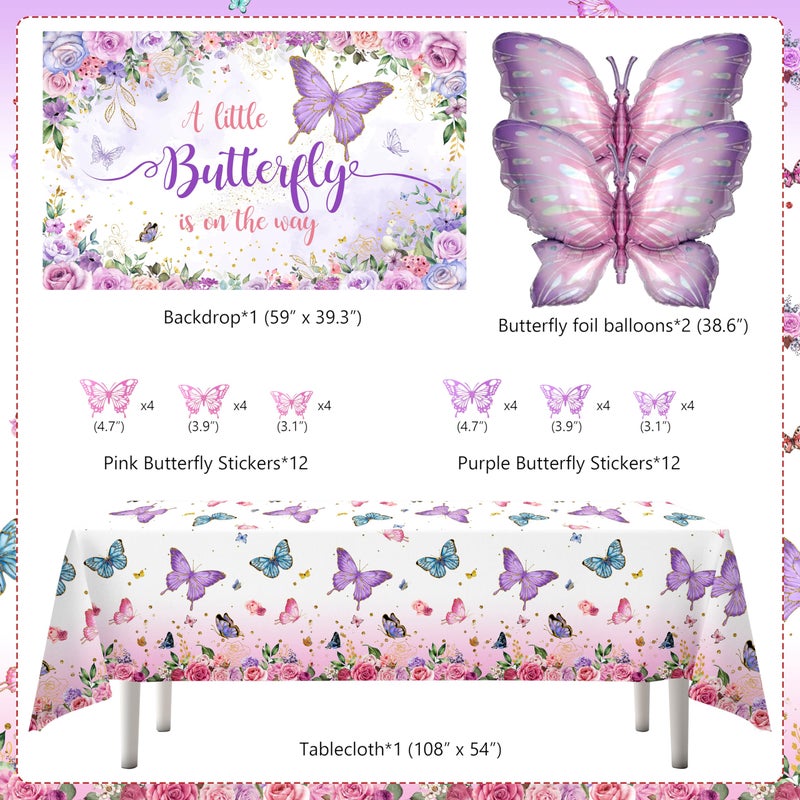 TREWAVE ï»¿TREWAVE Butterfly Baby Shower Decorations for Girls A Little Butterfly Is On The Way Party Backdrop Cake Toppers Stickers Pink Purple Balloons Boxes for Girl Birthday Baby Shower Decor - Image 3