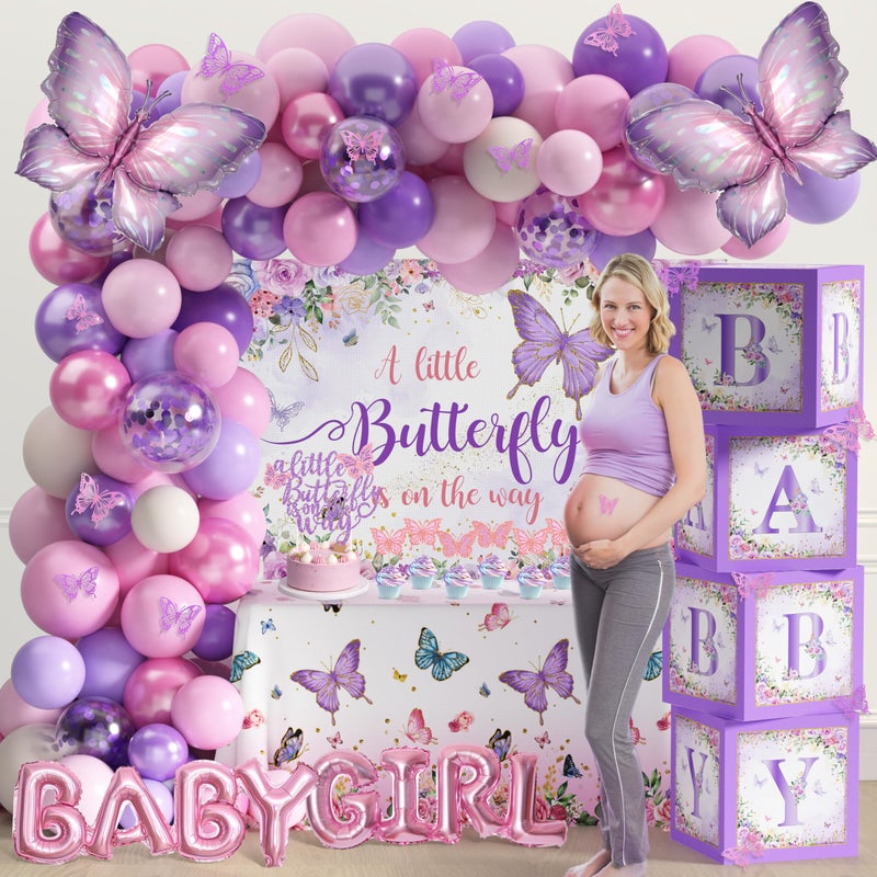 TREWAVE ï»¿TREWAVE Butterfly Baby Shower Decorations for Girls A Little Butterfly Is On The Way Party Backdrop Cake Toppers Stickers Pink Purple Balloons Boxes for Girl Birthday Baby Shower Decor - Image 5
