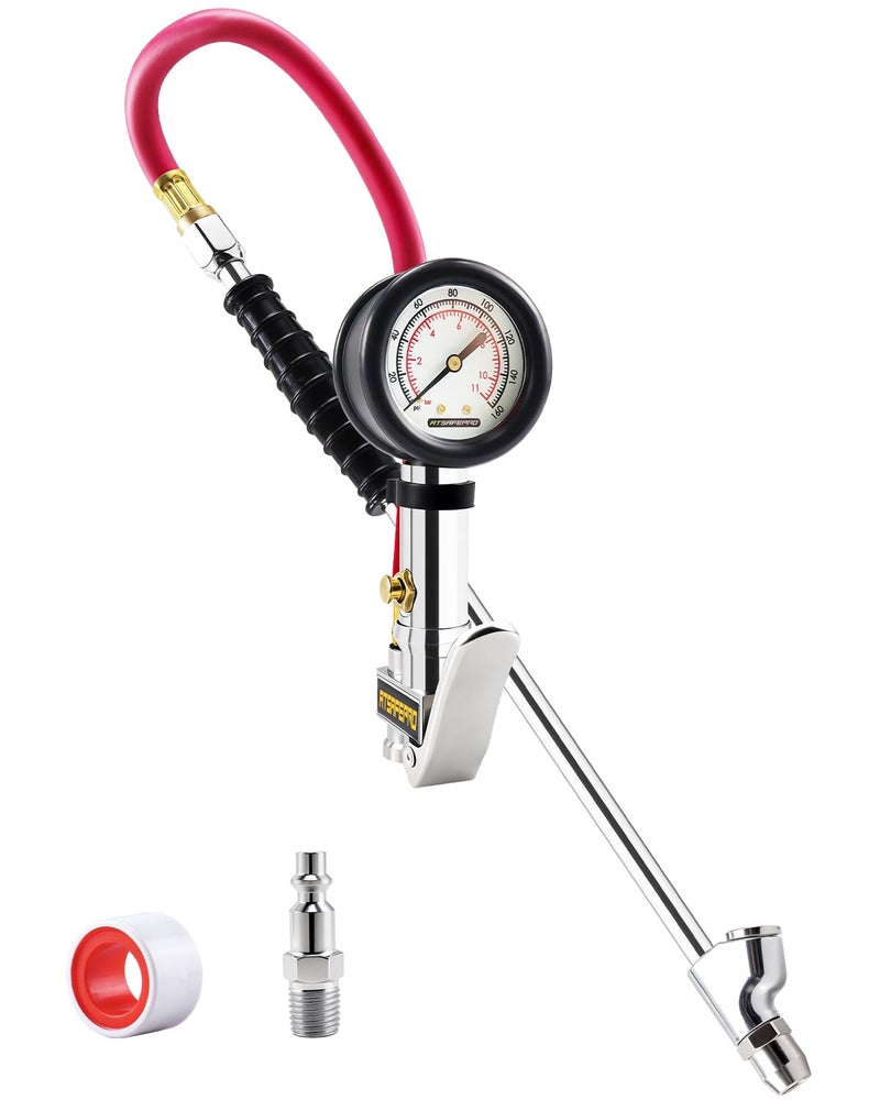 ATsafepro Tire Inflator with Gauge, 10-160 PSI, 12-Inch Extended Straight Air Chuck with Pressure Gauge for Dual Wheels, 1/4 NFT & Quick Plug, Tire Pressure Checker for Trucks, RVs, Trailers - Image 1