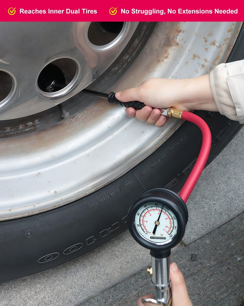 ATsafepro Tire Inflator with Gauge, 10-160 PSI, 12-Inch Extended Straight Air Chuck with Pressure Gauge for Dual Wheels, 1/4 NFT & Quick Plug, Tire Pressure Checker for Trucks, RVs, Trailers - Image 2
