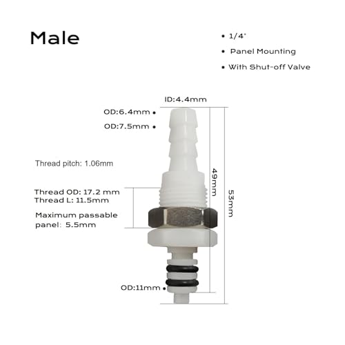 BBTUS 2PCS 1/4" 3/8" 5/16" Plastic Tube in-line Hose Quick Connector with Shut-Off valve, Panel Mounting Quick Release Coupling, Male Quick Connect Barbed Fittings (2x Male Connector) - Image 2