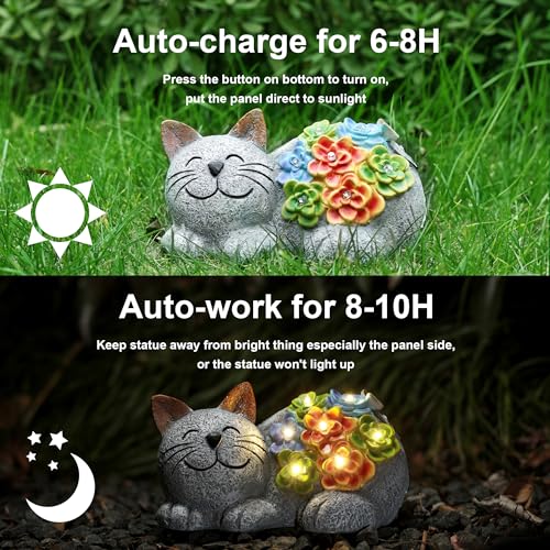 Otdair Solar Cat Decor，Birthday Gifts for Women with Succulent and 7 LED Lights, for Mom, Seniors, House Warming Gifts New Home Garden Decor for Cat Lover - Image 2
