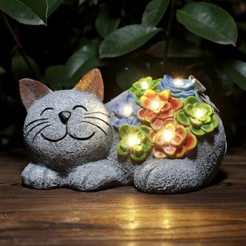 Otdair Solar Cat Decor，Birthday Gifts for Women with Succulent and 7 LED Lights, for Mom, Seniors, House Warming Gifts New Home Garden Decor for Cat Lover - Image 1