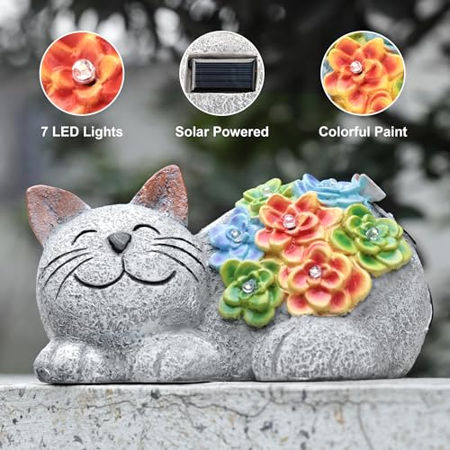 Otdair Solar Cat Decor，Birthday Gifts for Women with Succulent and 7 LED Lights, for Mom, Seniors, House Warming Gifts New Home Garden Decor for Cat Lover - Image 5