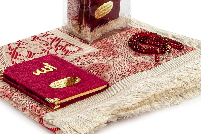 İhvan Ihvan Father's Day Special Name Printed Velvet Covered Yasin Book Set with Prayer Mat and Prayer Beads - Claret Red Color