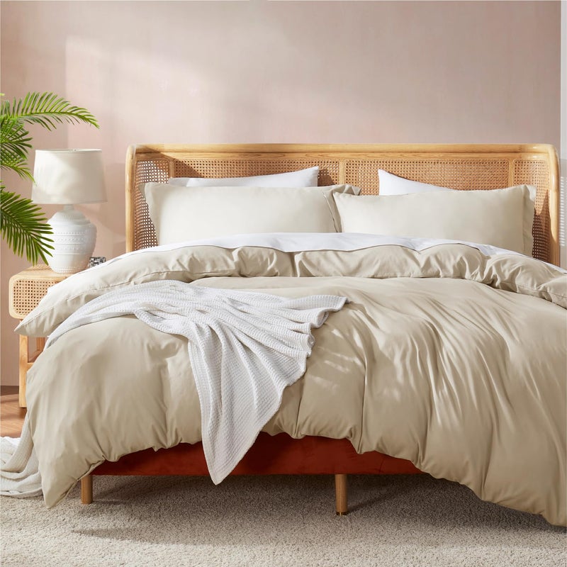 Nestl Beige Cream California King Duvet Cover Sets - Soft Double Brushed Cal King Duvet Cover, 3 Piece, with Button Closure, 1 Duvet Cover 104x98 inches and 2 Pillow Shams - Image 1