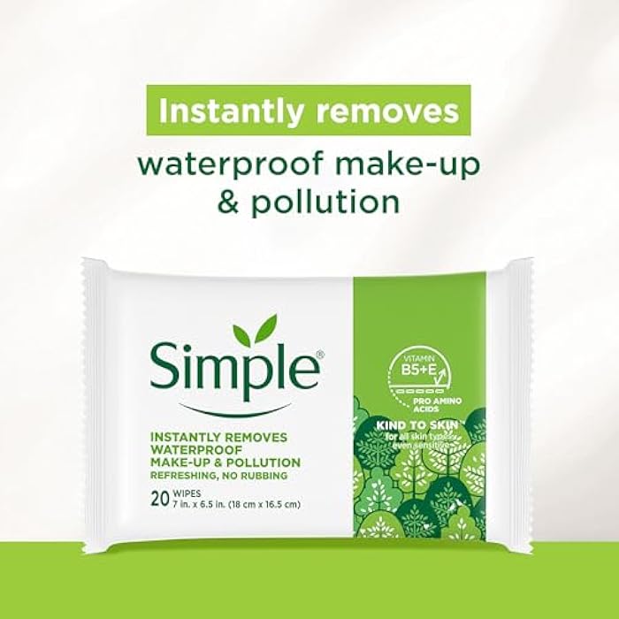 Simple Kind To Skin Micellar Makeup Remover Wipes - Face Wipes Instantly Remove Waterproof Makeup - Enriched with Vitamin B5 and E - Vegan - 20 pc - Image 2