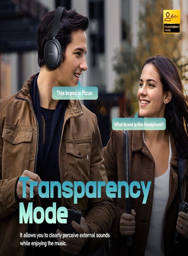 Picun NC60 Wireless Bluetooth 5.4 Headphones with Hybrid ANC -48dB, 80H Battery, ENC Mic, 40mm Drivers, App EQ, Low Latency, Foldable Over-Ear Headset , Khaki - Image 5