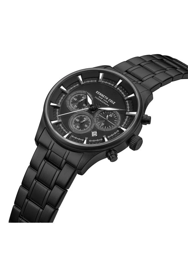 كينيث كول نيو يورك ساعة كرونوغراف رجالية من تومسون بقرص أسود وسوار ستانلس ستيل أسود - . مم