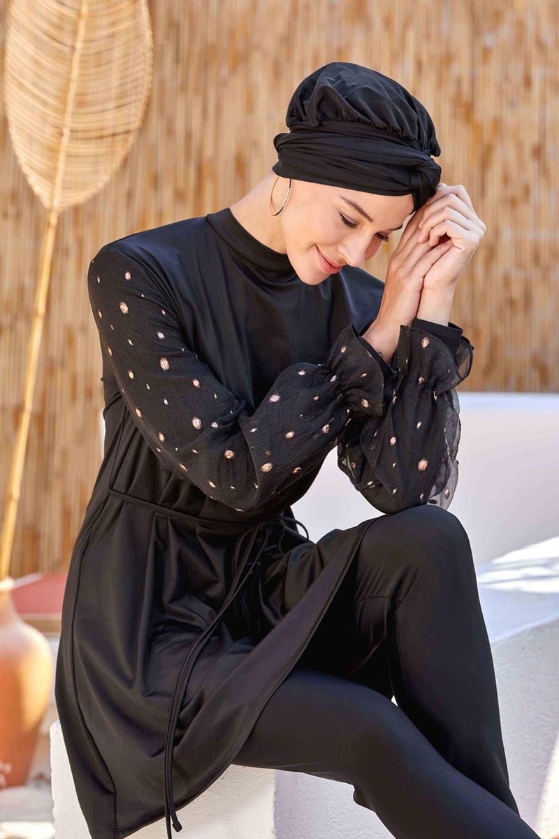 Remsa Mayo Chiffon Sleeve Detailed Lycra Fully Covered Hijab Swimsuit Beta 4557 Black  - Image 1