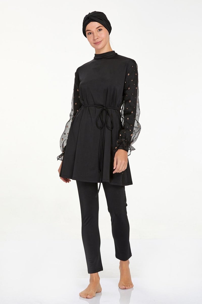 Remsa Mayo Chiffon Sleeve Detailed Lycra Fully Covered Hijab Swimsuit Beta 4557 Black  - Image 2